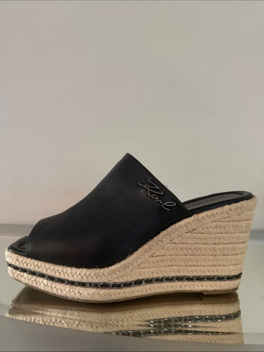 KARL LAGERFELD Corissa Black Leather Espadrille Platform Wedge Sandals 8.5 Women